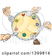 Poster, Art Print Of Circle Of Child Hands Holding Spoons Around A Bowl