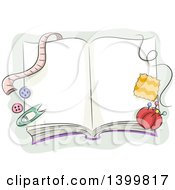 Clipart Of A Sketched Open Book With Sewing Notions Royalty Free Vector Illustration by BNP Design Studio