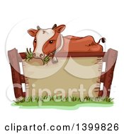Poster, Art Print Of Sketched Cow Wearing A Bell And Chewing Grass Over A Blank Sign