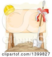 Clipart Of A Sketched Blank Sign With A Ground Breaking Shovel And Helmet Royalty Free Vector Illustration