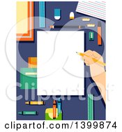 Poster, Art Print Of Hand Holding A Pencil Over A Blank Piece Of Paper Bordered With Art Supplies
