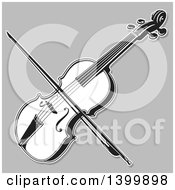 Poster, Art Print Of Black And White Lineart Violin And Bow On Gray
