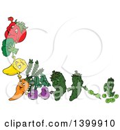 Cartoon Tomato Broccoli Bell Pepper Carrot Eggplants Cucumber And Pea Characters Holding Hands And Forming A Border