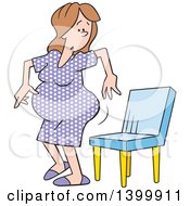 Poster, Art Print Of Cartoon Pregnant Woman In A Purple Polka Dot Dress Looking Back And Sitting In A Chair
