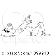 Cartoon Black And White Lineart Man Laying On His Back And Wearing Virtual Reality Glasses