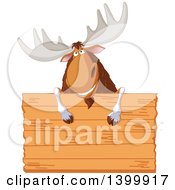 Poster, Art Print Of Happy Moose Smiling Over A Blank Wood Sign
