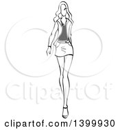 Clipart Of A Sketched Black And White Walking Runway Fashion Model Royalty Free Vector Illustration