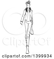 Clipart Of A Sketched Black And White Walking Runway Fashion Model Royalty Free Vector Illustration