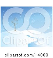 Wintry Snowflakes Falling Around A Bare Tree On A Hill Near A Creek Clipart Illustration