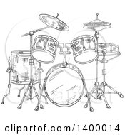 Clipart Of A Black And White Sketched Drum Set Royalty Free Vector Illustration