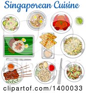 Poster, Art Print Of Sketched Singaporean Cuisine With Chilli Crab Fried Rice Beef Satay Flatbread Tartar Sauce Spicy Shrimp Soup Fried Noodles Chicken Liver With Rice And Vegetable Salad With Smoked Salmon
