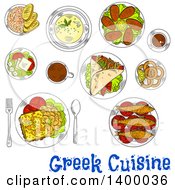 Poster, Art Print Of Sketched Meal Of Greek Cuisine Dishes