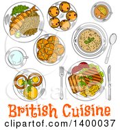 Poster, Art Print Of Sketched Meal Of British Cuisine Dishes