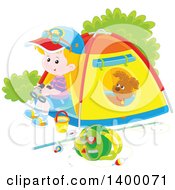 Poster, Art Print Of Happy Caucasian Boy And Puppy At A Camp Site