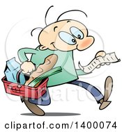 Poster, Art Print Of Cartoon White Man Carrying A Basket And Reading A Grocery Shopping List