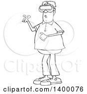 Poster, Art Print Of Cartoon Black And White Lineart African American Man Wearing Virtual Reality Glasses
