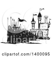 Black And White Woodcut Group Of Marching People With Spears And Flags In Front Of A Castle