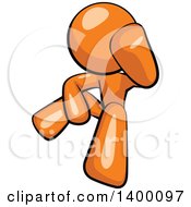 Clipart Of A Cartoon Depressed Orange Man Leaning His Head On His Hand And Sitting On The Floor Royalty Free Vector Illustration