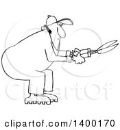 Cartoon Clipart Of A Black And White Lineart Chubby Male Landscaper Or Gardener Using Hedge Trimmers Royalty Free Vector Illustration