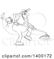 Cartoon Clipart Of A Black And White Lineart Chubby Male Landscaper Or Gardener Using A Weed Wacker Royalty Free Vector Illustration