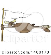 Cartoon Clipart Of A Moose Holding Onto A White Flag Post In A Wind Storm Royalty Free Vector Illustration