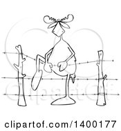 Black And White Lineart Moose Climbing Over Barbed Wire