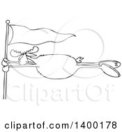Cartoon Clipart Of A Black And White Lineart Moose Holding Onto A Flag Post In A Wind Storm Royalty Free Vector Illustration