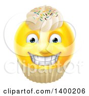 Poster, Art Print Of Yellow Male Smiley Emoji Emoticon Face Cupcake With Sprinkles And Frosting