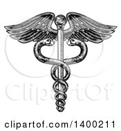 Black And White Woodcut Or Engraved Medical Caduceus With Snakes On A Winged Rod