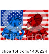 Poster, Art Print Of Muscular Political Aggressive Democratic Donkey Or Horse And Republican Elephant Battling Over An American Flag