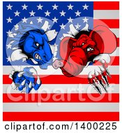 Poster, Art Print Of Fierce Political Aggressive Democratic Donkey Or Horse And Republican Elephant Shredding Through An American Flag