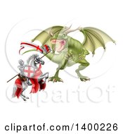 Poster, Art Print Of Medieval Knight Saint George On A Rearing White Horse Fighting A Dragon