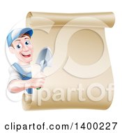 Poster, Art Print Of Happy Middle Aged Brunette White Male Gardener In Blue Holding A Hand Spade Shovel Around A Blank Scroll Sign