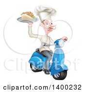 White Male Chef With A Curling Mustache Holding A Souvlaki Kebab Sandwich On A Scooter