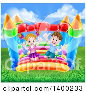 Clipart Of A Cartoon Happy Caucasian Boy And Girl Jumping On A Bouncy House Castle Royalty Free Vector Illustration