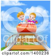 Happy White Boy And Girl At The Top Of A Roller Coaster Ride Against A Blue Sky With Clouds