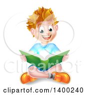 Poster, Art Print Of Happy Blond Caucasian School Boy Reading A Book On The Floor With Magical Light