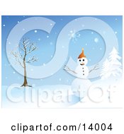 Poster, Art Print Of Friendly Snowman With Eyes Of Coal And A Carrot Nose Wearing An Orange Hat And Standing Between A Bare Tree And Snow Flocked Evergreens