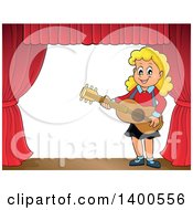 Poster, Art Print Of Happy Blond Caucasian Girl Playing A Guitar On Stage