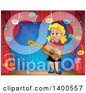 Poster, Art Print Of Happy Blond Caucasian Girl Playing A Guitar With Music Notes On Stage