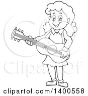 Poster, Art Print Of Happy Black And White Lineart Girl Playing A Guitar