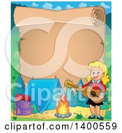 Poster, Art Print Of Scroll Border Of A Happy Blond Caucasian Girl Playing A Guitar By A Campfire