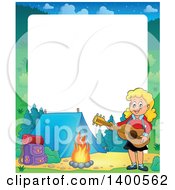 Poster, Art Print Of Border Of A Happy Blond Caucasian Girl Playing A Guitar By A Campfire