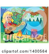 Poster, Art Print Of Happy Blond Caucasian Girl Playing A Guitar By A Campfire