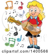 Poster, Art Print Of Happy Blond Caucasian Girl Playing A Guitar With Music Notes
