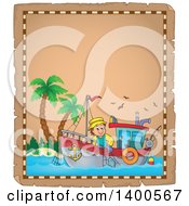 Clipart Of A Parchment Border Of A Caucasian Fisherman On A Boat Royalty Free Vector Illustration by visekart