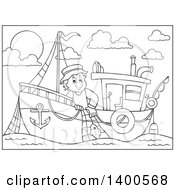 Poster, Art Print Of Black And White Lineart Fisherman On A Boat