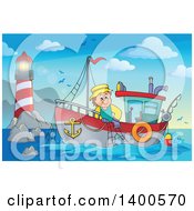 Clipart Of A Caucasian Fisherman On A Boat Near A Lighthouse Royalty Free Vector Illustration