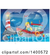 Poster, Art Print Of Caucasian Fisherman On A Boat Near A Lighthouse At Night