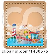 Poster, Art Print Of Parchment Border Of A Caucasian Fisherman On A Boat Near A Lighthouse